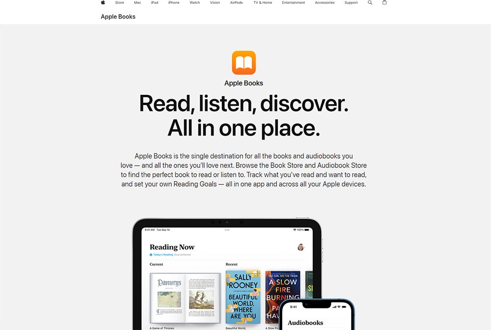 The home page for Apple Books, which displays an iPad and iPhone featuring titles.