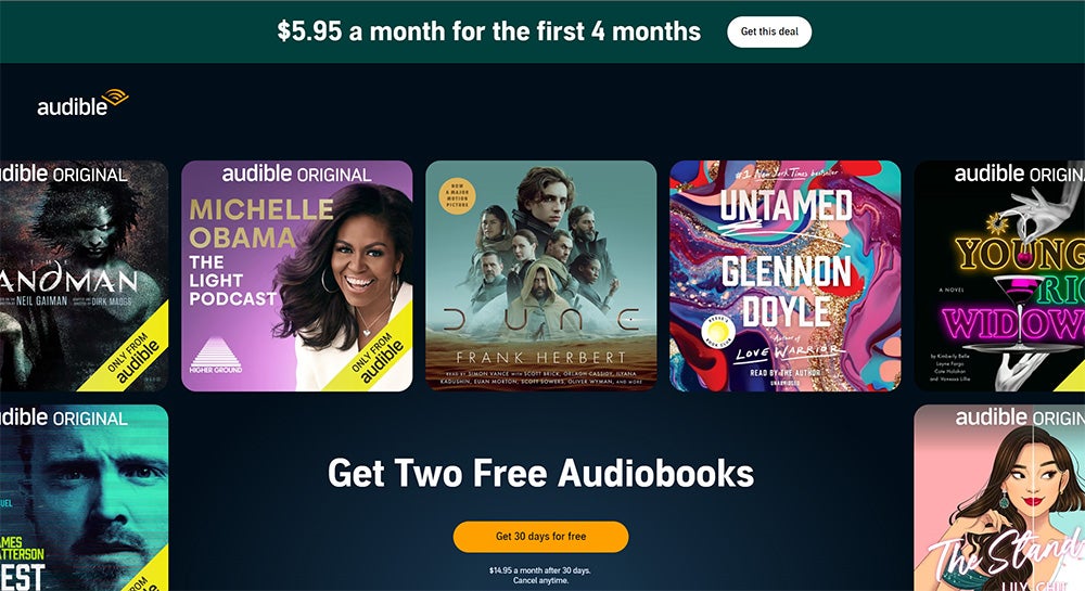 The homepage for Audible, which features two rows of book titles.