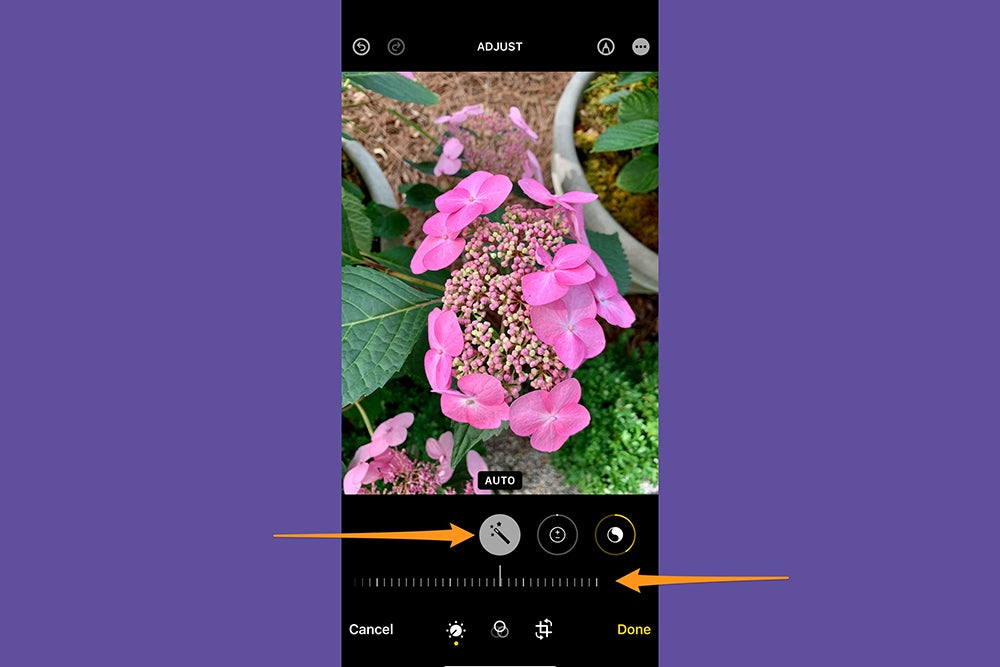 The iPhone Photos app in editing mode, showing how to auto edit a photo.