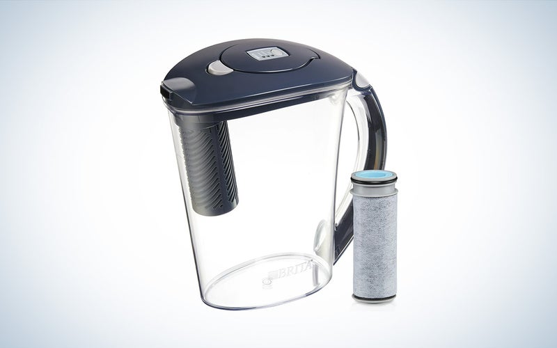 Brita Large Stream Filter as You Pour water filter pitcher with filter against a white background