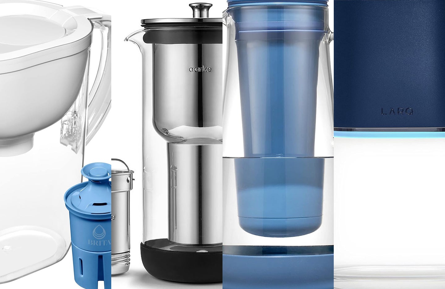 four of the best water filter pitchers against a white background