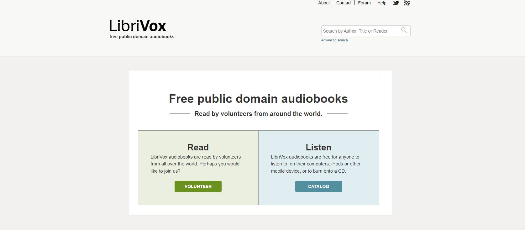 The home page for LibriVox, which is divided into two boxes that explain how users can access public domain books for free.