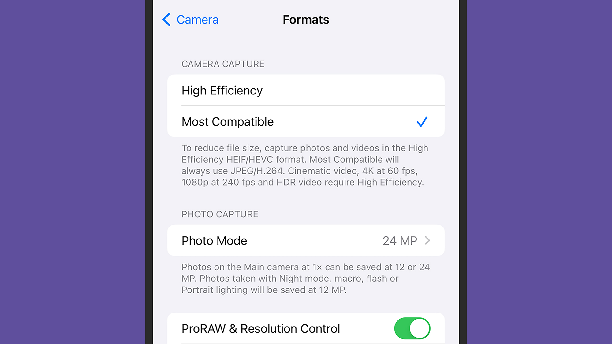 iOS menu showing image formats for iPhone 15 