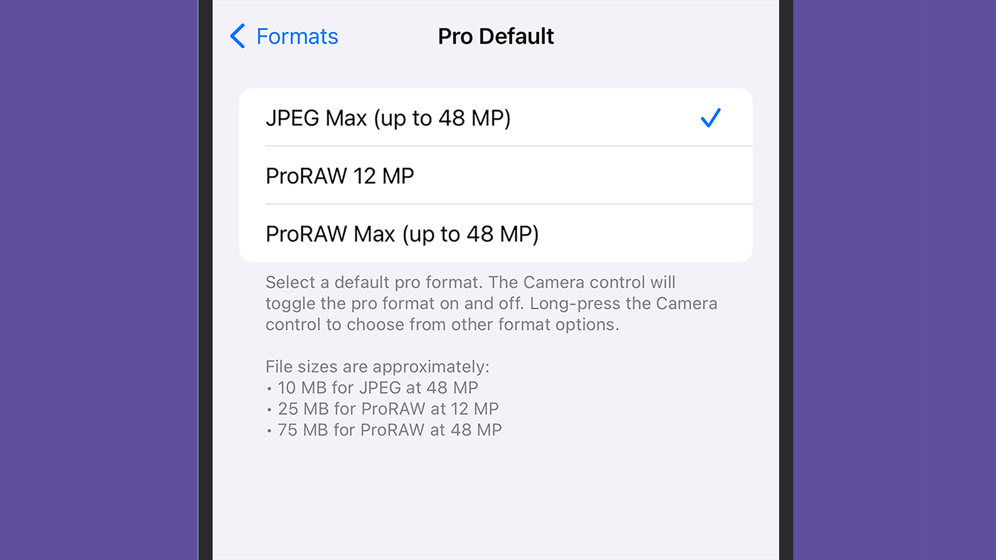iOS Pro image format menu on iPhone 15