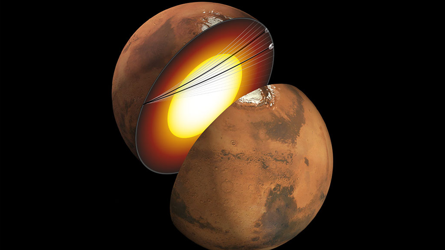 An artist's illustration of a cutaway of Mars along with the paths of seismic waves from two separate quakes in 2021. These seismic waves, detected by NASA’s InSight mission, were the first ever identified to enter another planet’s core.