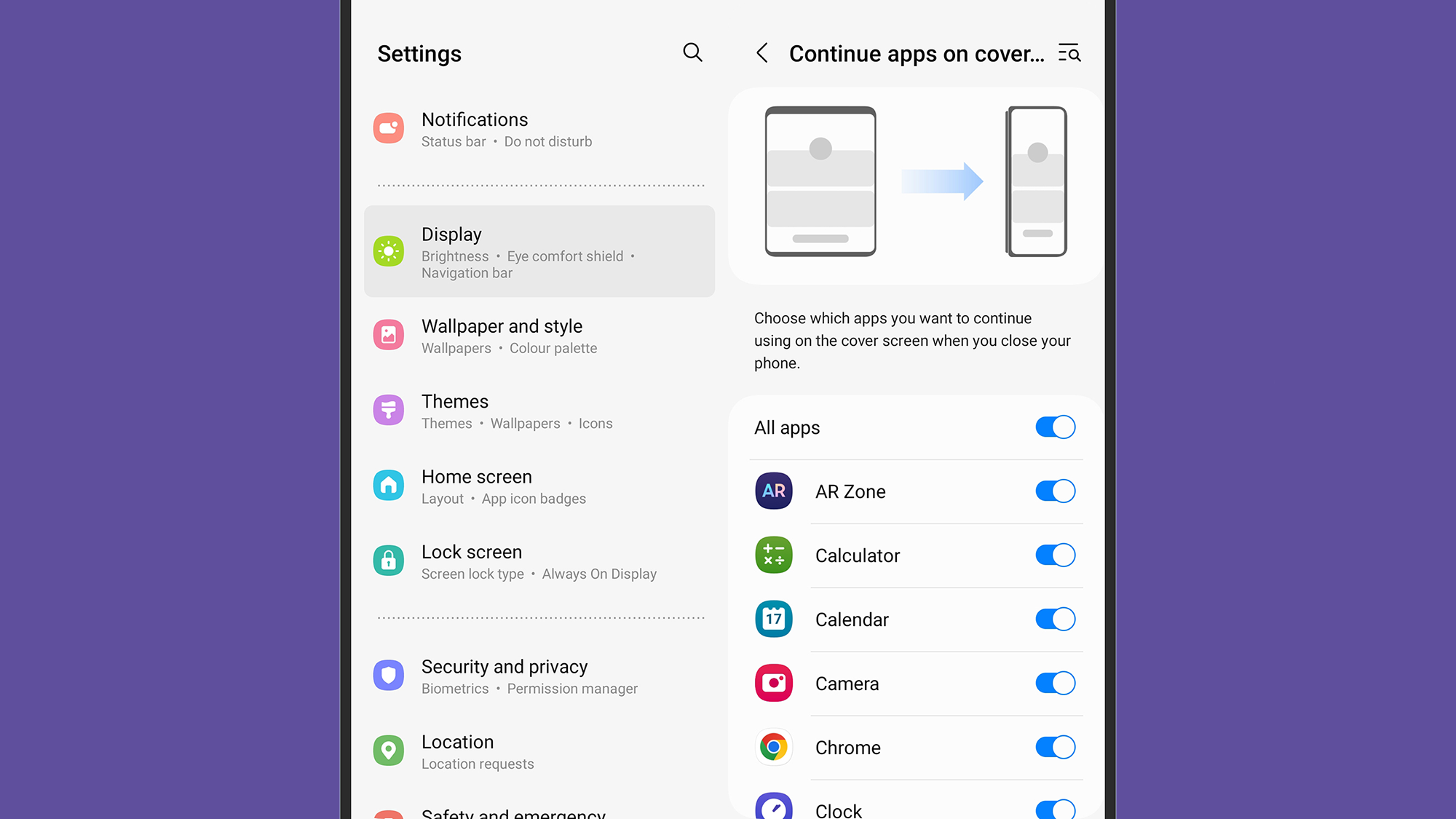 Menu for transferring apps to the cover screen of the Galaxy Z Fold 5