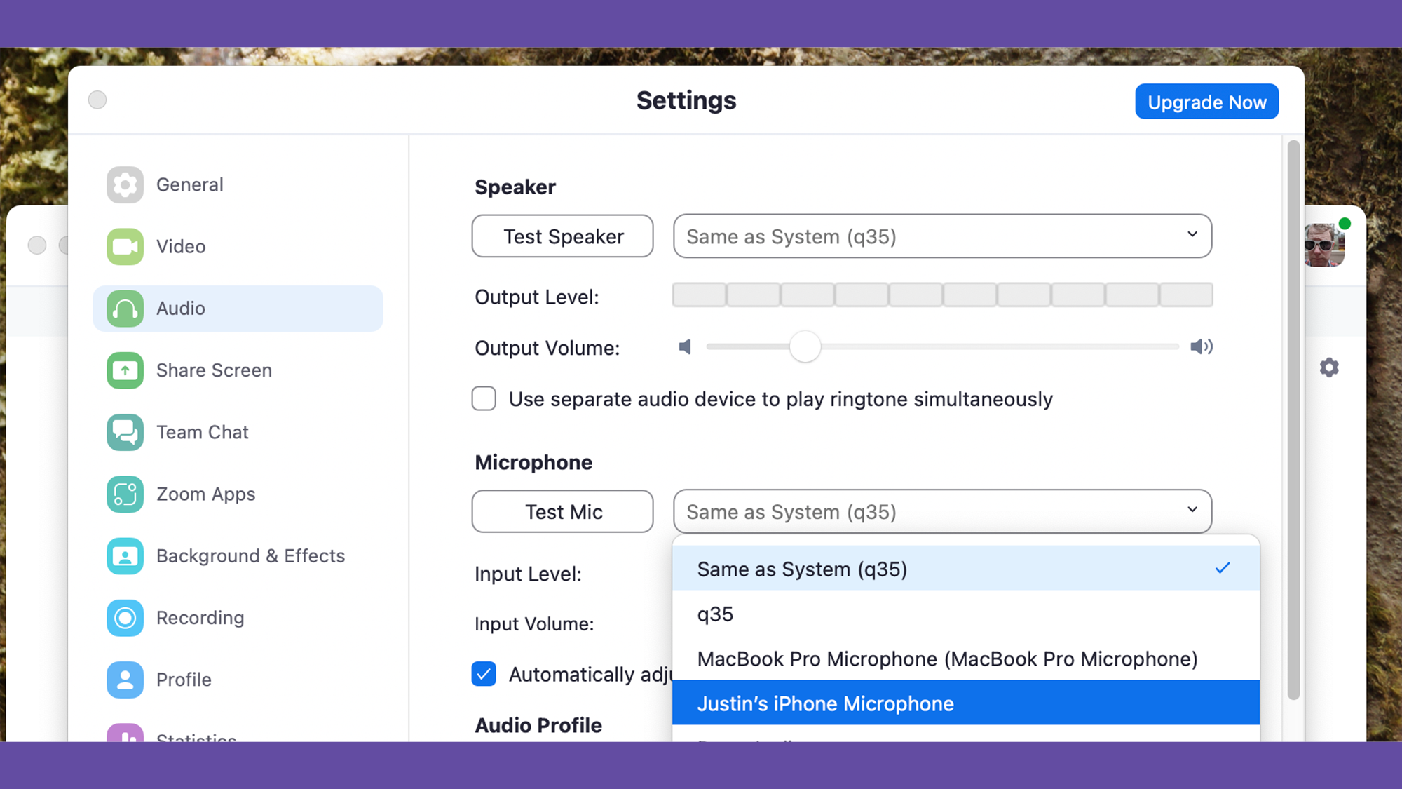 Zoom settings showing how to choose an iPhone as an audio input